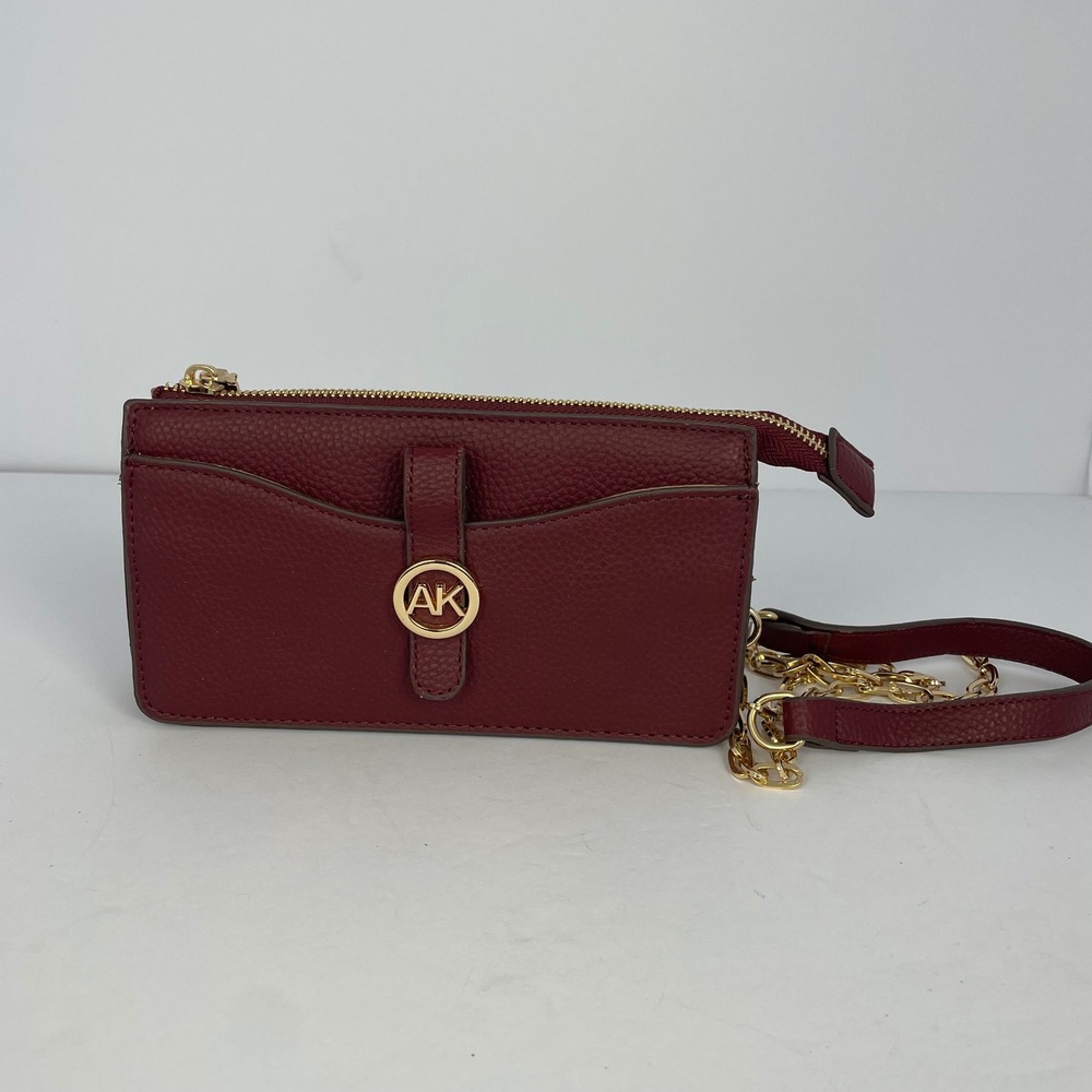 Anne Klein Burgundy Pebbled Vegan Leather Crossbody Wallet Bag Gold Chain AK